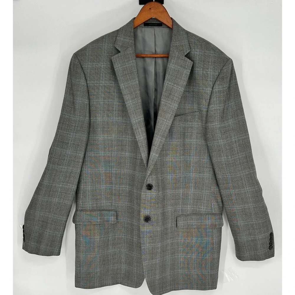 Lauren Ralph Lauren Blazer Jacket Mens Size 46L Silk Wool‎ Gray Plaid Sport Coat